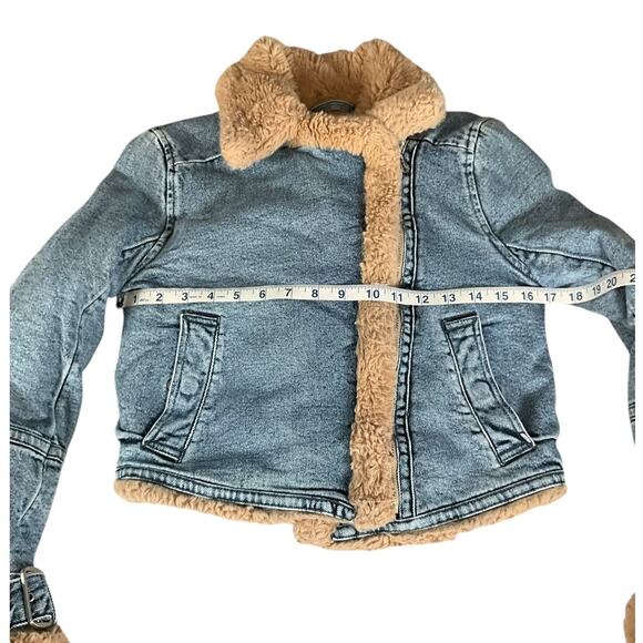 Hollister Faux Fur Lined Denim Jacket Women’s XS Y2K Cropped Tan Sherpa Collar - Picture 9 of 13